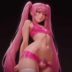 1boy ai_generated androgynous chastity chastity_cage chastity_device dick_cage echodantalian femboy femboy_focus femboysub feminine_faced_male feminine_male feminization feminized_male flat_chastity_cage light-skinned_femboy long_hair male male_only masochist penis penis_cage pink_eyes pink_hair sissy solo sports_shorts stockings submissive submissive_femboy trap twintails white_stockings