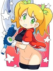 1girls alternate_hair_color alternate_hairstyle ape_escape averting_eyes big_breasts bike_shorts bike_shorts_pull blonde_hair breasts busty clothes_lift female female_only gloves green_eyes grin hair_ribbon highres jacket legs medium_breasts naughty_face navel net open_clothes open_jacket pose posing pussy ribbon sayaka sayaka_(saru_getchu) sensual sexy shirt_lift smile sony star_(symbol) teeth thighs twintails underboob voluptuous wide_hips yumi yumi_(ape_escape)
