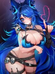 1girl 1girls absurdres animal_ears belt big_breasts black_nails black_shirt black_shorts black_thighhighs blue_bra blue_eyes blue_hair bra breasts chain cleavage collar colored_tips commentary curvy english_commentary female flaming_ears hair_over_one_eye heart highres hip_tattoo indie_virtual_youtuber large_breasts long_hair makeup multicolored_hair reimundpurr runny_makeup scar scar_across_eye scar_on_face shirt short_shorts shorts skull_ornament smile solo spiked_collar spikes spite_(vtuber) tail tattoo thigh_strap thighhighs thighs tits torn_clothes torn_shirt underwear virtual_youtuber vtuber wolf_ears wolf_girl wolf_tail