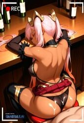 1girl absurd_res ai_assisted ai_generated alcohol_bottles arms_on_table bar barstool bukkake dark_skinned_female doggy_style dramatic_lighting eyes_closed feather_trim from_above gold_trim hair_ornament head_down high_res long_hair multicolored_hair orange_hair panties_exposed pink_hair recording red_eyes resting_head sex_from_behind sitting skirt_lifted sleeping surrounded thigh_highs twintails vaginal_sex visible_nipples visible_vagina