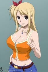 1female 1girl 1girls 2026 ai_generated artist_name belt big_ass big_breasts blonde_hair breasts brown_eyes cleavage crop_top curvy denim earrings fairy_tail hi_res high_quality high_resolution highres huge_ass huge_breasts jewelry large_breasts long_hair looking_at_viewer lucy_heartfilia midriff navel necklace one_side_up patreon patreon_username shorts simple_background smile solo unjobdespiert watermark web_address