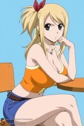 1female 1girl 1girls 2026 ai_generated artist_name belt big_ass big_breasts blonde_hair blue_background blue_shorts breasts brown_eyes chair cleavage crop_top crossed_legs curvy denim denim_shorts earrings fairy_tail head_rest hi_res high_quality high_resolution highres huge_ass huge_breasts jewelry large_breasts long_hair looking_at_viewer lucy_heartfilia midriff navel necklace one_side_up patreon patreon_username short_shorts shorts simple_background sitting solo unjobdespiert watermark