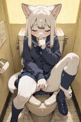 ai_generated alone anthro cat cat_ears cat_girl cat_tail catgirl closed_eyes feline female finger_in_mouth fingering fingering_self furry furry_female furry_only knee_socks legs_apart loving_it masturbation miragetheone panties panties_around_one_leg panties_down pleasure_face school_uniform secret shoes socks solo solo_focus teenager toilet toilet_stall white_fur