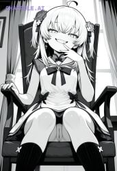 1girl ai_assisted ai_generated beautiful day dress general grayscale grin high_contrast highres indoors looking_at_viewer no_nose perfect_anatomy pussy sharp_teeth sitting_on_chair slit_pupils smug socks upskirt_view