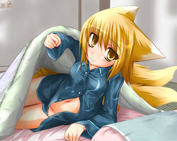 amber_eyes animal_ears bed blonde_hair bottomless canine clothed clothing female fox_ears fox_girl hair half-dressed kazami_karasu kemonomimi long_hair looking_at_viewer multiple_tails pillow ran_yakumo solo tatami touhou