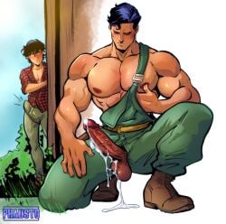 2boys 2d 2d_(artwork) areolae bare_arms bare_shoulders biceps big_areola big_biceps big_breasts big_bulge big_muscles big_nipples big_penis black_hair blush bulge bulge_through_clothing bulge_under_clothes caught clark_kent cum cum_drip cum_dripping cum_dripping_from_penis cum_on_balls cum_on_penis cumming dc dc_comics dripping_cum erect_penis erection erection_under_clothes erection_under_clothing eyes_closed farm farmer father_and_son gay gay_male hard_on horny horny_expression horny_male implied_masturbation jonathan_kent male male_focus male_masturbation male_only masturbation muscles muscular muscular_arms muscular_chest muscular_male nipple_play nipples overalls overalls_only pecs penis penis_awe penis_bulge penis_out phausto shirt_open superboy_(jonathan_kent) superman superman_(clark_kent) superman_(series) testicles thick_arms veiny_penis watching watching_masturbation