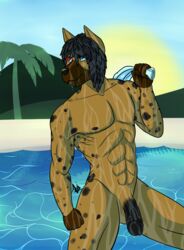 abs anthro black_hair black_penis black_spots brown_fur canine flaccid fur grav_tera hair heterochromia hills male male_only mammal muscles noiz palm_tree pecs penis pool solo toned towel tropical water wet