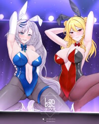 2girls arms_behind_head bitch blonde_hair bunnysuit elbow_gloves hololive hololive_indonesia hololive_indonesia_holoh3ro hololive_indonesia_holoro huge_breasts kaela_kovalskia landacdeus large_breasts long_hair pavolia_reine sluts slutty_female spread_legs squatting
