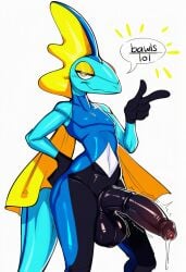 ai_generated anthro balls big_balls big_penis black_genitals black_penis blue_body bodily_fluids dripping english_text erection foreskin generation_8_pokemon genital_fluids genitals glans hellsonger hi_res humanoid_genitalia humanoid_penis inteleon lizard looking_at_viewer male male_anthro narrowed_eyes nintendo penis pokemon pokemon_(species) precum reptile scalie simple_background smile solo speech_bubble text white_background yellow_eyes