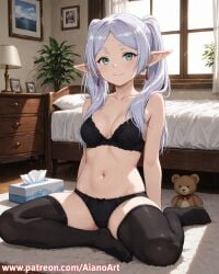 1girl ai_generated aianoart bangs bare_shoulders bed bedroom black_bra black_panties black_thighhighs bow bra breasts cleavage closed_mouth collarbone earrings elf frieren frieren_beyond_journey's_end full_body green_eyes indoors jewelry lamp long_hair looking_at_viewer medium_breasts navel no_shoes on_bed panties parted_bangs photo_(object) picture_frame pillow plant pointy_ears potted_plant sitting skindentation smile solo stomach stuffed_animal stuffed_toy teddy_bear thighhighs thighs tissue_box twintails underwear underwear_only window wooden_floor