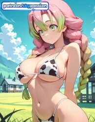 1girls 2026 ai_assisted ai_generated animal_print anime bangs big_breasts bikini blue_sky boobs braid breasts bust busty cloud collarbone cow_print demon_slayer gradient_hair green_hair haori hi_res high_quality high_resolution highres japanese_clothes kanroji_mitsuri kimetsu_no_yaiba large_breasts long_hair mitsuri_kanroji multicolored_hair navel outdoors patreon patreon_username pink_hair sky skypassion stable_diffusion swimsuit tits watermark