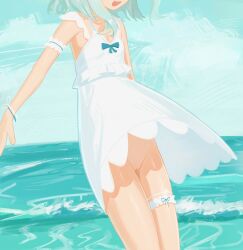 1girl :d absurdres arm_strap cleft_of_venus commentary day densetsu.exe dress english_commentary flat_chest green_hair head_out_of_frame highres mint_fantome mint_fantome_(summer) no_panties official_alternate_costume open_mouth outdoors pussy pyruvate sleeveless sleeveless_dress smile sundress teeth thigh_strap upper_teeth_only virtual_youtuber water