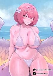 1girl absurdres artist_name bare_shoulders beach bikini blue_sky blush bow breasts cleavage closed_mouth cloud cloudy_sky collarbone commentary day edoukiyo english_commentary feathered_wings fingernails groin hair_bow hair_intakes highres huge_breasts looking_at_viewer medium_hair nail_polish navel ocean patreon_logo patreon_username pink_eyes pink_hair pink_lips pink_nails remielle_dan sand sky smile solo stomach swimsuit thighs twitter_username white_bikini white_bow white_wings wings zenless_zone_zero