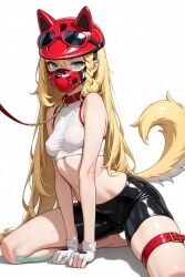 1girl adult ai_assisted ai_generated beautiful bike_shorts blond blonde_hair blue_eyes collar eyewear_on_head fingerless_gloves gloves gold_chain hair_down hands_between_legs helmet illustration knees_apart korrina_(pokemon) latex_mask leash_in_mouth long_hair looking_at_viewer looking_over_shoulder naked no_background nude on_knees pokemon_(creature) red_collar seductive_face sexually_suggestive sexy_pose short_girl showing_ass slender_body small_boobs sunglasses thigh_cuffs very_long_hair view_from_behind white_background