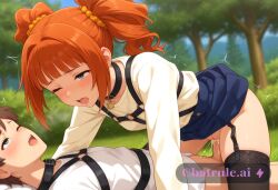 1girl ai_assisted ai_generated aqua_eyes cock_in_pussy collar cowgirl creampie embarrassed harness inside leaning_forward moaning one_eye_closed outside parted_bangs pussy_sex rolling_eyes saliva shaking side_view skirt stockings takatsuki_yayoi tree twintails white_shirt