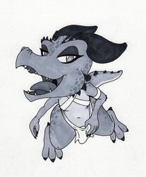 anthro armlet breasts clothed clothing dragon flashing gay greyscale horn kobold looking_at_viewer looking_up male_only monochrome open_mouth pussy reptile short skimpy solo spikes spots talons teeth terdburgler thick_thighs tongue traditional_media_(artwork) wide_hips xiik