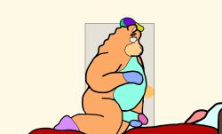 anthro bear bed chubby_male clothing door furniture hat headgear headwear hi_res inside intentionally_poorly_made laiyun male mammal masturbation mid mid3dposts overweight overweight_male simple_background solo wall_(structure)