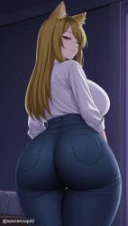 1girl ai_generated animal_ear_fluff animal_ears ass ass_focus blonde_hair breasts brown_eyes denim fox_ears fox_girl from_behind huge_ass jeans kansai_neko_(yani_neko) large_breasts long_hair long_sleeves looking_at_viewer looking_back pants shirt shirt_tucked_in smile solo thigh_gap thighs twitter_username white_shirt yani_neko yellow_eyes