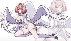 bangs big_breasts bob_cut busty busty_female charlie_purrito cleavage cleavage_overflow corset curvy curvy_female pink_hair remielle_dan short_hair stiletto_heels thick_thighs thighhighs wide_hips wings zenless_zone_zero