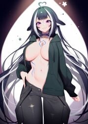 ai ai-created ai_generated breasts_out collar green_hoodie looking_down loose_pants open_jacket shylily smile smug smug_face tagme unzipped_jacket unzipped_pants