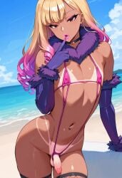 1boy 1femboy 2025 ai_generated armwear balls beach belly bikini bikini_tan blonde_hair choker crossdressing femboy feminine_male fishnet_stockings fishnets girly looking_at_viewer micro_bikini navel navel_piercing outdoors outside pectorals penis penis_out penis_outside pierced_navel piercing sling_bikini sling_swimsuit slingshot_bikini slingshot_swimsuit solo stockings string_bikini testicles thick_thighs thighs trap userfort wide_hips