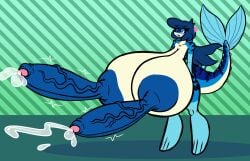anthro aquatic big_breasts big_penis blue_body blue_eyes blue_hair blue_nipples blush breasts countershading dicknipples ejaculation eyelashes fish fish_tail genitals glans gynomorph hair half-closed_eyes heart_symbol hi_res huge_breasts huge_penis hyper hyper_breasts hyper_genitalia hyper_penis intersex long_eyelashes mackenzie_(sprucy) mackerel narrowed_eyes nipples non-mammal_breasts pattern_background penis pink_glans puffy_nipples scombrid scombriform simple_background solo sprucy striped_body stripes tan_body tan_countershading unusual_anatomy unusual_genitalia_placement unusual_penis_placement