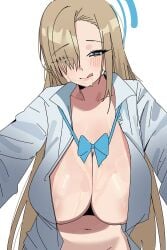1girls asuna_(blue_archive) asuna_(school_uniform)_(blue_archive) blonde_hair blue_archive blue_eyes bottomless bottomless_female breasts cleavage female hair_over_one_eye large_breasts long_hair looking_at_viewer navel no_bra no_panties open_clothes open_shirt riel_(rielilu) simple_background solo tongue tongue_out white_background white_shirt