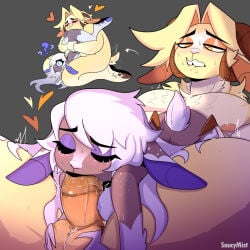 abel_(hazbin_hotel) anthro ball_fondling balls chubby_anthro chubby_male emily_(hazbin_hotel) fellatio fondling_balls furry hazbin_hotel lipstick_mark lipstick_on_penis oral oral_sex saucymist unguligrade unguligrade_anthro