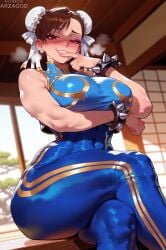 1girl ai_generated arzagod big_breasts blush brown_eyes brown_hair capcom chun-li fit_female hair_bun hair_ribbon large_breasts muscular_female perfect_legs street_fighter tagme thick_thighs
