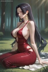 1girl ai_generated artist_name bangs bare_shoulders black_hair blue_eyes blush boa_hancock breasts cleavage collarbone dress earrings forest hi_res high_quality high_resolution jewelry large_breasts long_hair looking_at_viewer nature one_piece patreon patreon_username red_dress seductive sexy sitting smile solo uncensored very_long_hair watermark