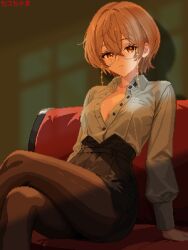 1girl 1girls black_skirt breasts brown_eyes brown_hair cleavage clio_aite commentary crossed_legs english_commentary eyewear_strap female freckles glasses grey_shirt hair_between_eyes highres looking_at_viewer mature mature_female older_female partially_unbuttoned phase_connect pixel_art round_eyewear scar scar_across_eye scar_on_face seth-chama sethchamachama shadow shirt short_hair sitting skirt small_breasts solo vershion virtual_youtuber vtuber
