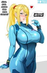 big_ass big_boobs big_breasts big_butt big_thighs blonde blonde-haired_female blonde_eyebrows blonde_female blonde_hair blonde_hair_female blue_eyes blush blushing body_hair breasts busty busty_female busty_girl dominant domination fotec fully_clothed futuristic heart heart_symbol latex latex_bodysuit latex_clothing latex_suit lips lipstick metroid metroid_zero_mission nintendo pinching_gesture samus samus_aran seducing seduction seductive seductive_body seductive_eyes seductive_gaze seductive_look seductive_mouth seductive_pose seductive_smile sexy sexy_body sexy_pose sexy_woman small_penis_adoration small_penis_appreciation small_penis_gesture spanish spanish_dialogue spanish_text tall tall_female taller_female taller_girl text_box text_bubble thick thick_ass thick_hips thick_legs thick_thighs thigh_suit thighhighs thighs tied tied_hair yellow_hair