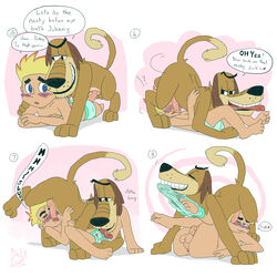 69 ?! anthro blue_eyes blush briefs canine cartoon_mischief cartoon_network comic dukey english_text feral gay heart human interspecies johnny_test johnny_test_(series) knot male mammal mikefur nude oral oral_sex penis raised_tail sex teeth text underwear undressing