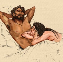 after_sex armpit_hair armpits bed bedroom black_hair body_hair brunette brunette_hair greek_mythology nude nude_female nude_male nudity odypen odysseus odysseus_(mythology) odyssey odyssey_(homer) on_bed penelope_(mythology) relaxing talking tan_skin the_epic_cycle wholesome wolfythewitch
