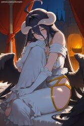1girl ahoge ai_generated albedo albedo_(overlord) bare_shoulders black_feathers black_hair black_wings breasts demon_girl dress feathered_wings feathers gloves hair_between_eyes hi_res high_quality high_resolution hip_vent horns large_breasts long_hair looking_at_viewer overlord_(maruyama) patreon seductive sexy sitting slit_pupils solo uncensored watermark white_dress white_gloves wings yellow_eyes