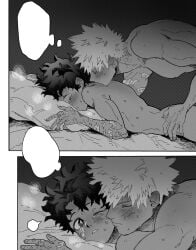 2boys abs back bakugou_katsuki bare_back bed bed_sheet blush boku_no_hero_academia bones_(company) closed_eyes completely_nude freckles gay indoors izuku_midoriya kiss kissing_back looking_at_another lying male male/male messy_hair midoriya_izuku moaning monochrome multiple_boys my_hero_academia nude on_bed on_stomach pectorals pillow scar scar_on_face sex shounen_jump spiked_hair sweat sweatdrop yaoi