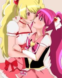 2girls aino_megumi blonde_hair clothing cure_lovely cure_peach dress female fresh_precure! happinesscharge_precure! kaera_rx magical_girl momozono_love multiple_girls pink_dress pink_eyes pink_hair ponytail precure pretty_cure tied_hair yuri