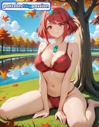 1girls 2026 ai_assisted ai_generated anger_vein anime autumn autumn_leaves bangs barefoot big_breasts blue_sky boobs bra breasts bust busty campfire cloud falling_leaves fire hi_res high_quality high_resolution highres holding_leaf large_breasts leaf leaf_background leaf_hair_ornament looking_at_viewer maple_leaf nature on_ground orange_sky outdoors patreon patreon_username pyra pyra_(xenoblade) red_hair short_hair sitting sky skypassion smile stable_diffusion starfish sunset swept_bangs tiara tits watermark xenoblade_(series) xenoblade_chronicles_(series) xenoblade_chronicles_2