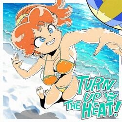 armpits ball bare_hips bare_legs barefoot beachball bikini blue_eyes bra brown_hair curvy earrings feet flower_earrings grin groin jewelry jumping legs mario_(series) meijin_okd nintendo ocean orange_bra playing plump ponytail princess_daisy sand sassy smile soles swimsuit thong thong_bikini toes tomboy underwear yellow_bikini young young_female