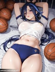 1girl ai_generated arlequin097 arms_up ball basketball_(object) blue_buruma blue_hair blush bound bound_wrists breasts buruma clorinde_(genshin_impact) closed_mouth clothes_lift cuffs dark_blue_hair earrings genshin_impact gym_shirt gym_uniform hair_between_eyes handcuffs head_on_pillow indoors jewelry large_breasts lips long_hair looking_at_viewer low_ponytail lying mihoyo multicolored_hair navel on_back on_bed parted_lips pillow purple_eyes shiny_skin shirt shirt_lift short_sleeves solo stomach streaked_hair taut_clothes thighs white_shirt
