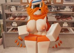 1girls 3d holding_own_breast image oc orange_areola orange_hair original_character roblox robloxian scarf shorts solo tagme tophat white_body