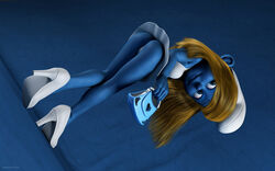 1girls ass bent_over blonde_hair blue_eyes blue_skin female handbag high_heels kondaspeter no_humans panties presenting purse smurf smurfette solo the_smurfs upskirt