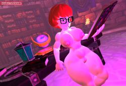 1girls 3d big_breasts desk determined freckles glasses hips laboratory leaning_back naked nerdy_female pawg scarletspiceshop scooby-doo spell spellbook velma_dinkley witchcraft