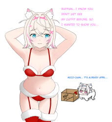 animal_ears anime anime_girl arms_behind_head arms_up blonde_female blonde_hair blue_eyes bluesenshi cardboard_box chibi christmas_outfit dog_girl fanart fuwamoco fuwamoco_ch. fuwawa_abyssgard garter_straps hololive lingerie mococo_abyssgard santa_bikini speech text vtuber