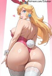 1girl ai_generated animal_ears ass back bangs bare_shoulders blonde_hair blue_eyes breasts crown detached_collar earrings fake_animal_ears fake_tail from_behind heart highleg_leotard iduniar jewelry lace_trim large_breasts leotard lips long_hair looking_at_viewer looking_back mario mario_(series) mario_bros parted_lips pink_nails playboy_bunny princess_peach rabbit_ears rabbit_tail shiny shiny_skin smile solo strapless strapless_leotard tail thick_thighs thighhighs thighs white_thighhighs wrist_cuffs