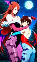 1boy age_difference ai_generated bat_wings breasts bridal_gauntlets capcom caress cordelia_(fire_emblem) crossdressing cuddling darkstalkers female femdom fire_emblem fire_emblem_awakening fire_emblem_heroes hand_on_another's_head hug large_breasts leotard lilith_aensland lilith_aensland_(cosplay) long_hair looking_at_another mature_female mature_woman milf morrigan_aensland morrigan_aensland_(cosplay) mutual_hug pantyhose petting pixai red_hair smile wings