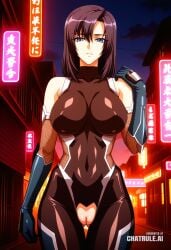 1girl ai_assisted ai_generated anime_screencap armor bare_shoulders black_bodysuit black_hair blue_eyes city cityscape clouds cowboy_shot crotchless curvy dark_theme detailed_pussy dynamic_lighting elbow_gloves fishnets gloves high_contrast kagami_hirotaka kagami_miu koukawa_oboro looking_at_viewer neon_lights night night_sky official_style outdoors soft_shading taimanin_asagi_zero taimanin_suit thigh_gap visible_pussy