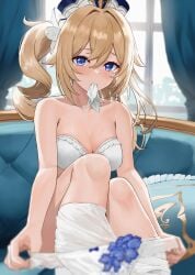 1girl absurdres ayul_(ayulneri_92) barbara_(genshin_impact) blonde_hair blue_eyes bra breasts clothes_pull commentary_request couch curtains genshin_impact hair_between_eyes highres indoors knees_up large_breasts medium_hair mouth_hold on_couch panties pantyhose pantyhose_pull sitting solo twintails underwear white_bra white_panties white_pantyhose window
