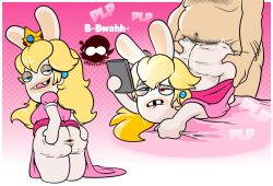 1boy 1girls 2026 2d anus ass asshole blonde_hair blue_eyes bunny bunny_ears bunny_girl crown dress female female_penetrated furry furry_female grabbing_sheets hair headwear licking_lips light-skinned_male light_skin male mario_(series) mario_+_rabbids nintendo on_phone onomatopoeia phone pink_dress pubic_hair pussy rabbid rabbid_peach rabbit rabbit_girl raving_rabbids sex spread_ass straight ubisoft vagina voidsdroids white_body