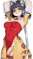 1girl ai_generated animal_ears animal_nose ankha_(animal_crossing) armpits arms_up bangs black_eyes blue_hair blunt_bangs blush bob_cut breasts cat_ears cat_tail covered_navel covered_nipples cowboy_shot decurse detached_collar detached_sleeves dress flaccid foreskin frog_hair_ornament furry furry_female futanari grin hair_ornament holding holding_sword holding_weapon looking_at_viewer medium_breasts penis red_dress short_hair simple_background smile snake_hair_ornament solo strapless sweat sword tail testicles uncensored weapon wet white_background